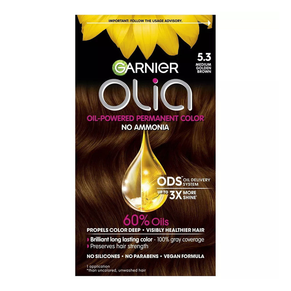 Garnier Olia Oil Powered Permanent Haircolor, Medium Golden Brown 5.3, 1 Kit